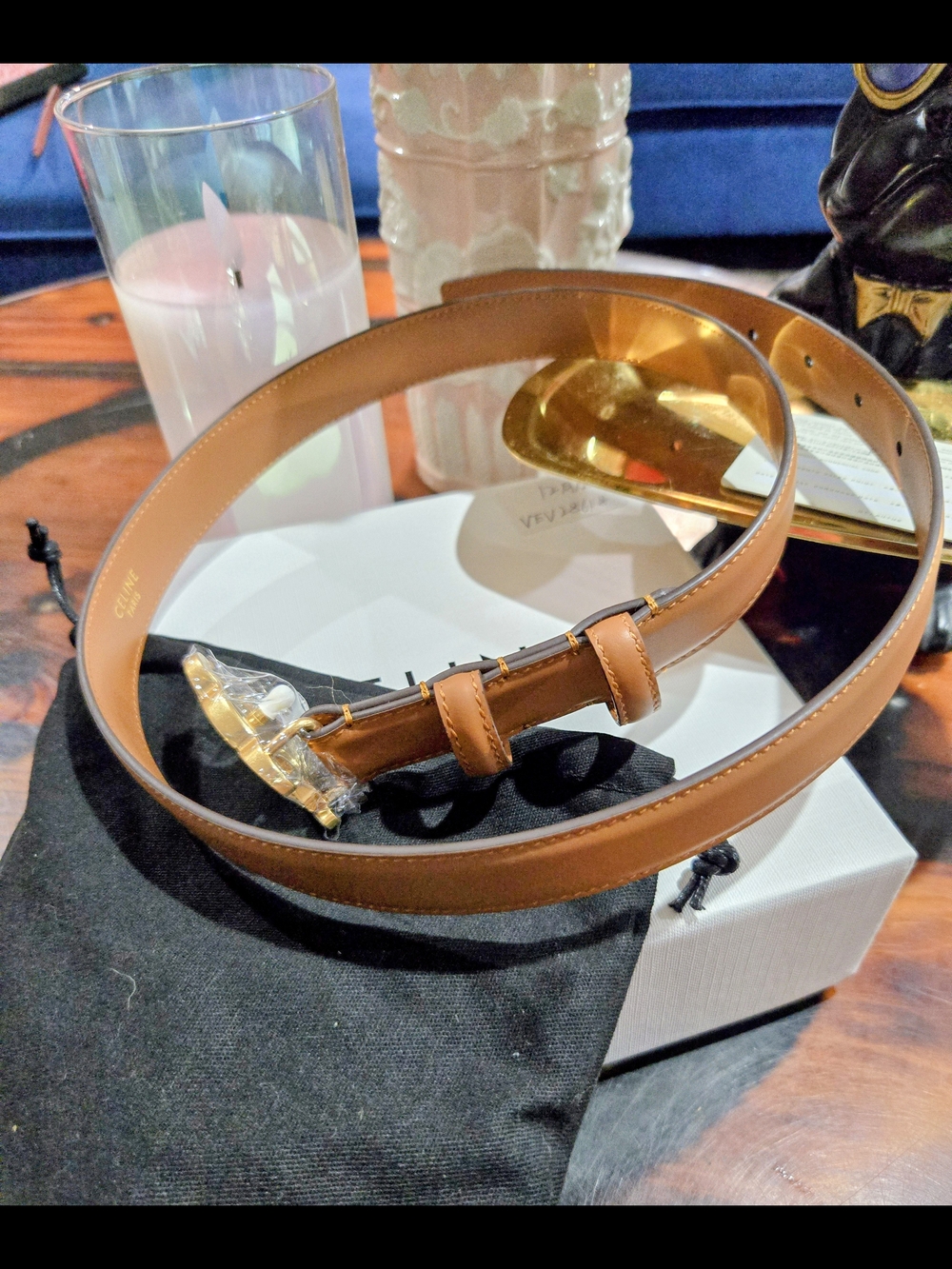 NEW Tan Grained Leather Style Belt - Gold Triomphe Buckle - Size 80